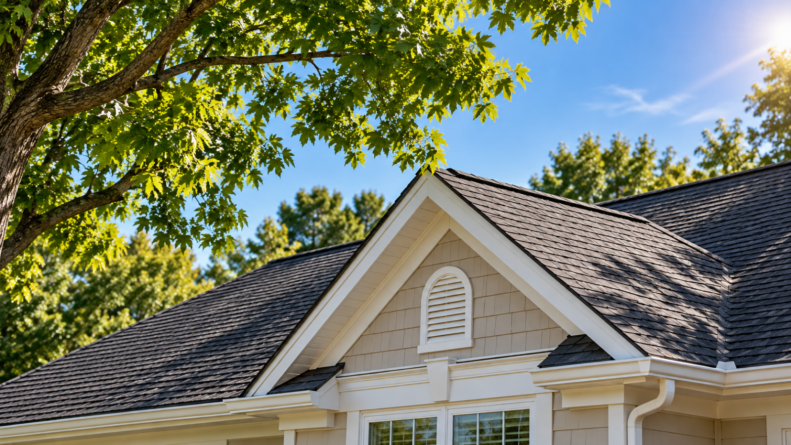 Tree canopy above a residential roof in Monroe Township, New Jersey