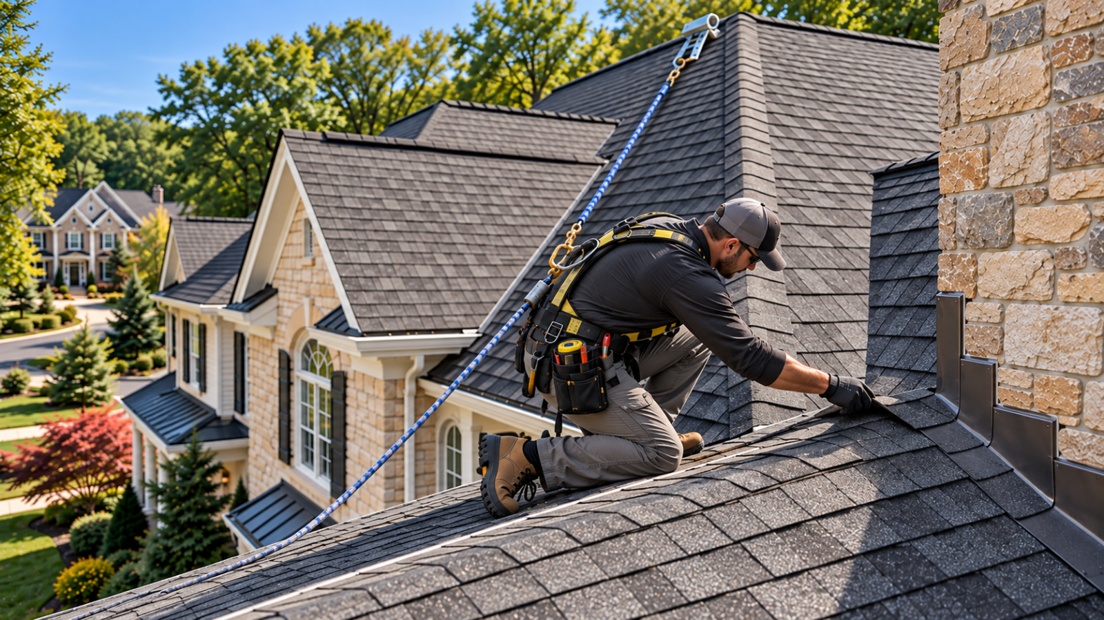Professional roofer inspecting shingles and flashing on a complex Marlboro, NJ roof before replacement