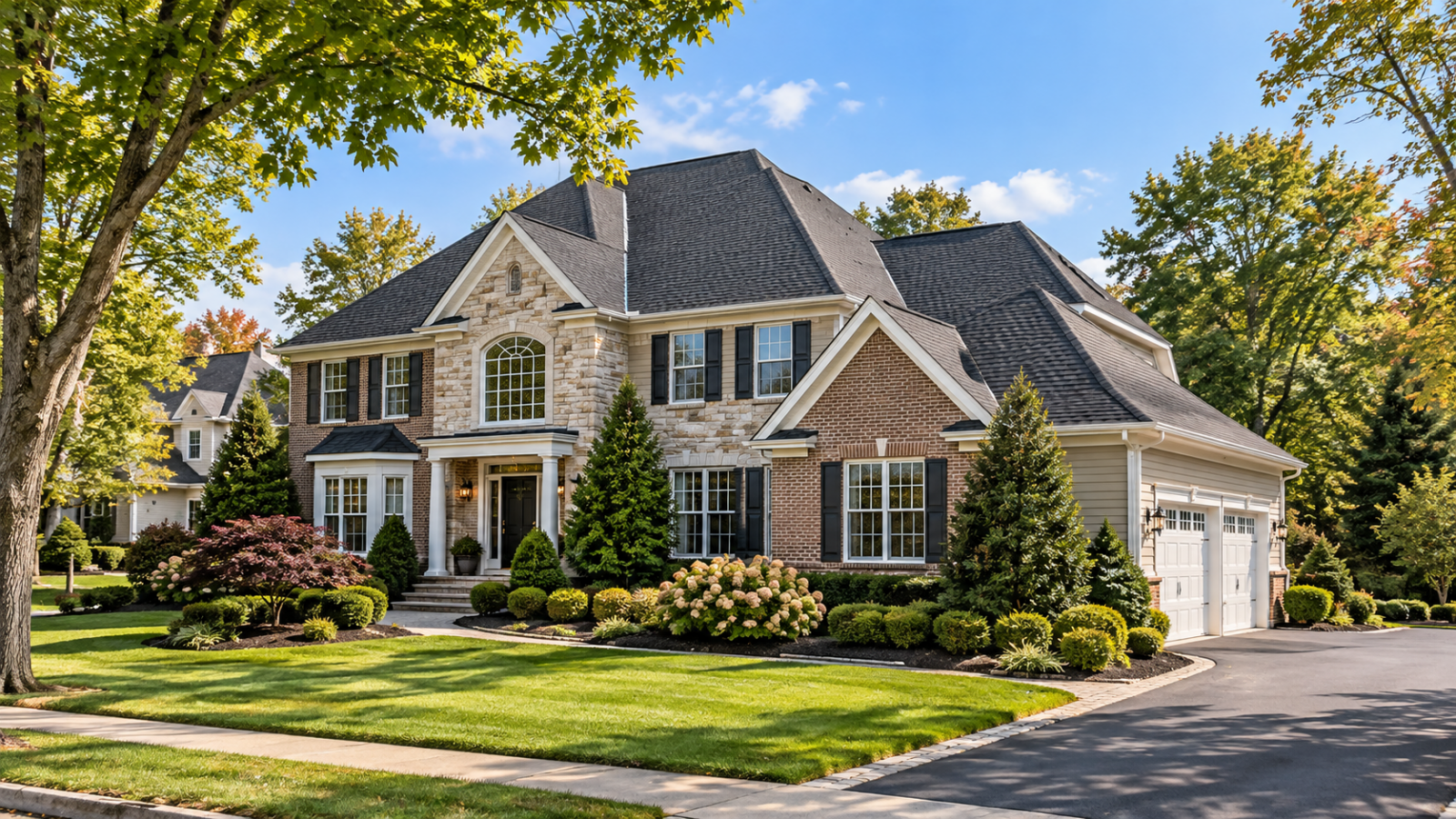 Upscale Colonial home with architectural shingle roof in Marlboro, New Jersey