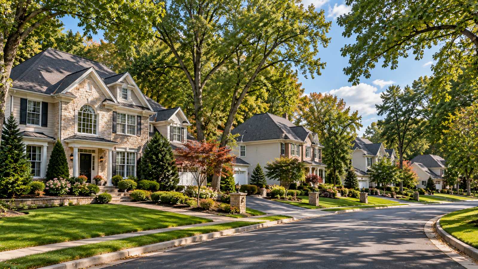 Upscale residential neighborhood with Colonial homes, mature trees and architectural shingle roofs in Marlboro, New Jersey