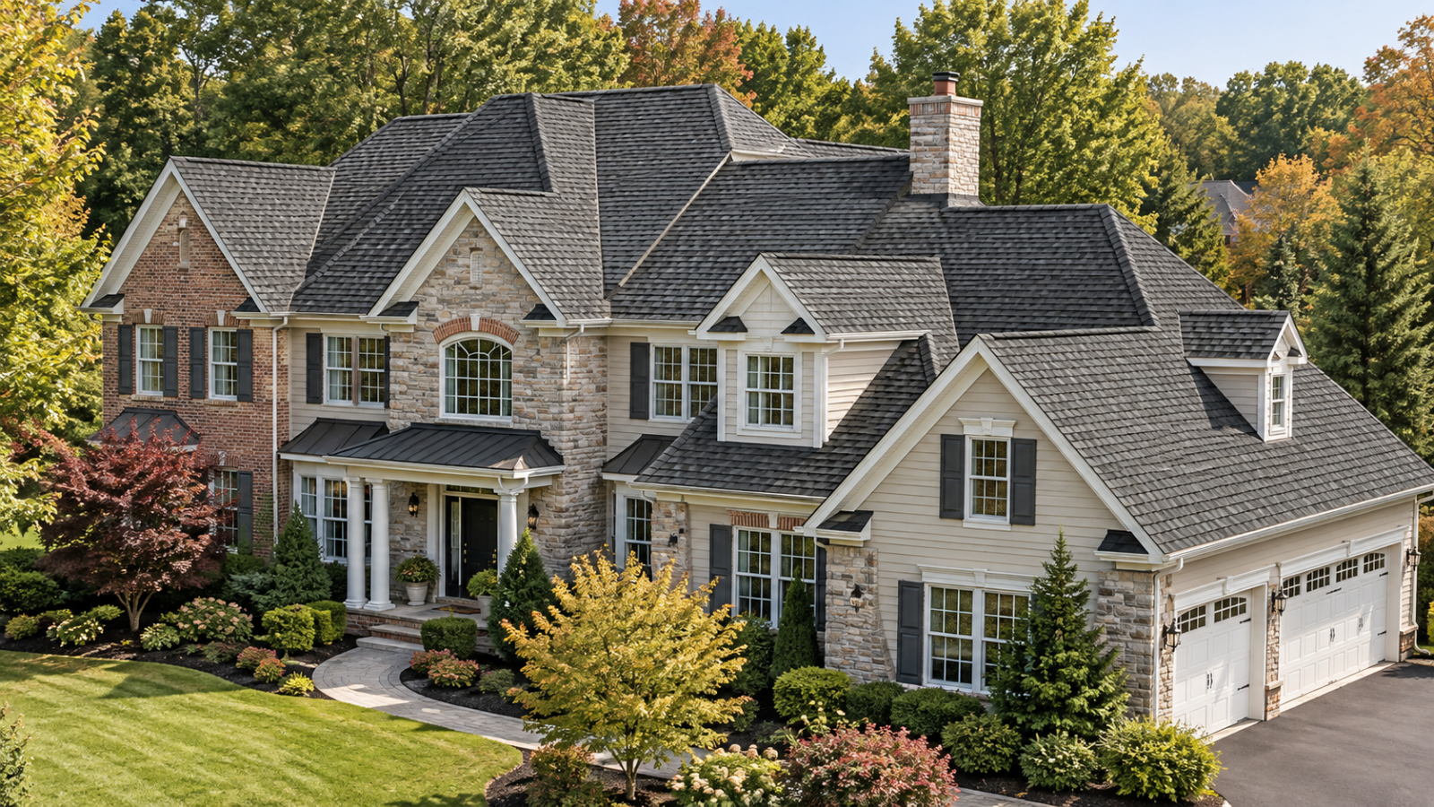 Complex architectural shingle roof on an upscale Colonial home in Marlboro, NJ