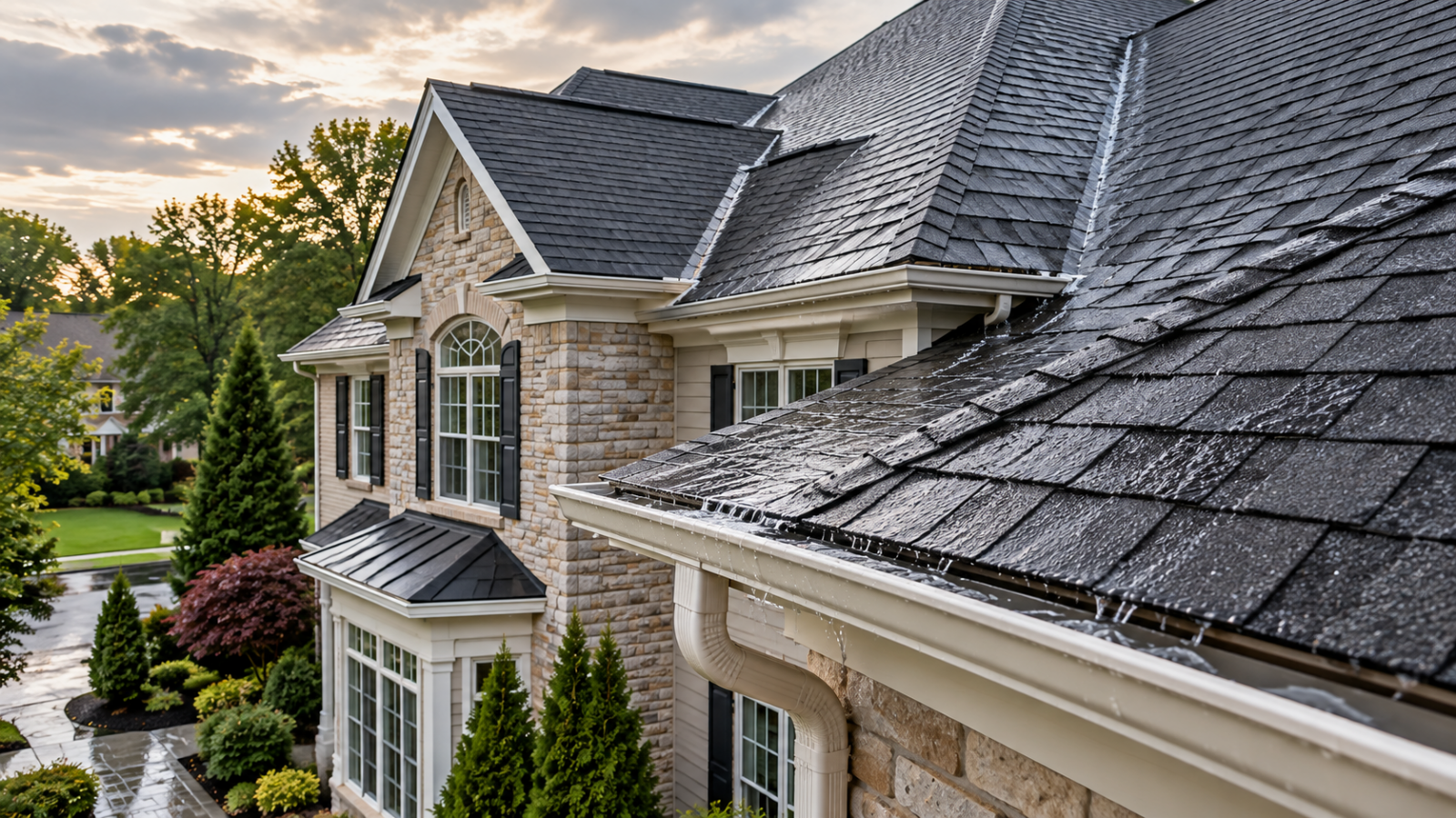 Large charcoal shingle roof directing rainwater into a gutter and downspout on a Marlboro, NJ home